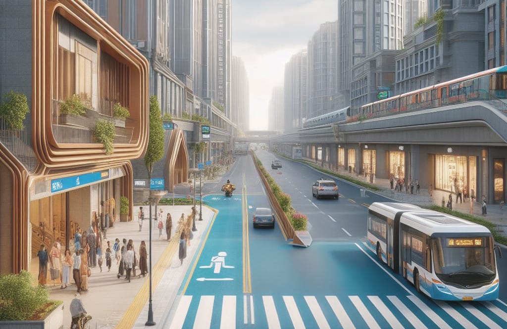 "Diseño de calle urbana sostenible con infraestructura verde, ciclovías protegidas y espacios amplios para la movilidad peatonal."