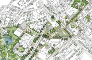 Vista aérea de una trama urbana compleja mostrando la interacción entre edificios, espacios públicos y redes de transporte.