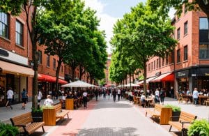 Comunidad diversa interactuando en un entorno urbano que en donde se ilustra la vitalidad urbana.