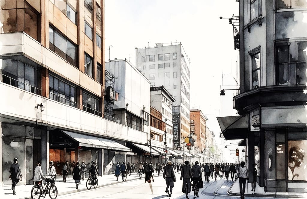 "Infografía titulada 'The Right Mix Matters' que ilustra una sección de calle urbana vibrante con mezcla de usos comerciales y residenciales, movilidad sostenible y diversidad social."