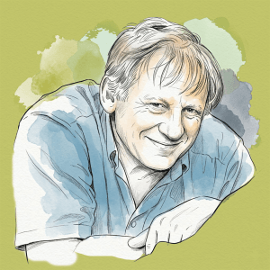 Retrato del arquitecto Christopher Alexander, autor de Un Lenguaje de Patrones, analizando una estructura de diseño urbano con enfoque humanista.