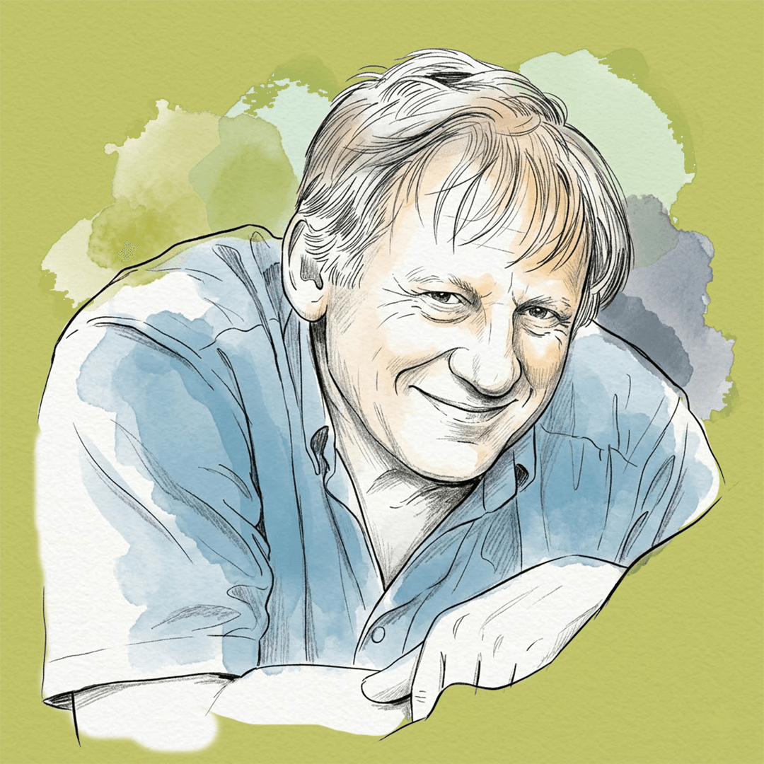 Retrato del arquitecto Christopher Alexander, autor de Un Lenguaje de Patrones, analizando una estructura de diseño urbano con enfoque humanista.