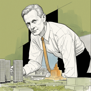 Retrato de Edmund Bacon analizando un plano maestro de Filadelfia, destacando su visión de la planificación urbana