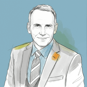 Retrato de Edward Glaeser, profesor de economía de Harvard y autor del libro "El triunfo de las ciudades", con un fondo urbano difuminado.