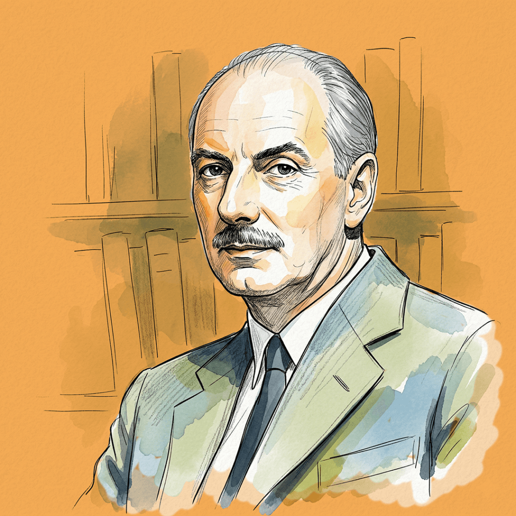 Retrato estilo acuarela de Lewis Mumford en su estudio, rodeado de libros, con una expresión reflexiva que captura su papel como el principal filósofo del urbanismo del siglo XX.
