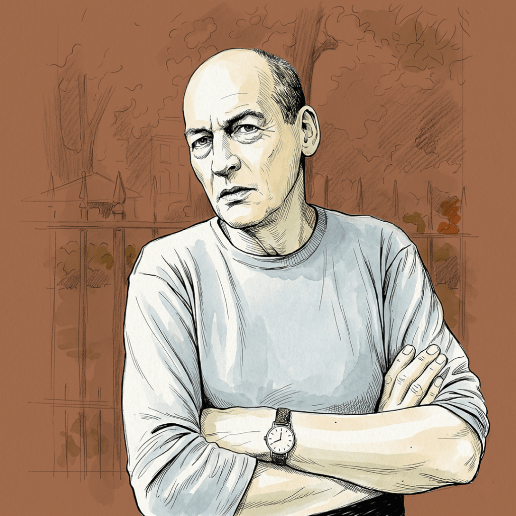 Retrato en primer plano de Rem Koolhaas con expresión reflexiva, autor de la Ciudad Genérica escrito que sugiere su enfoque vanguardista en el urbanismo