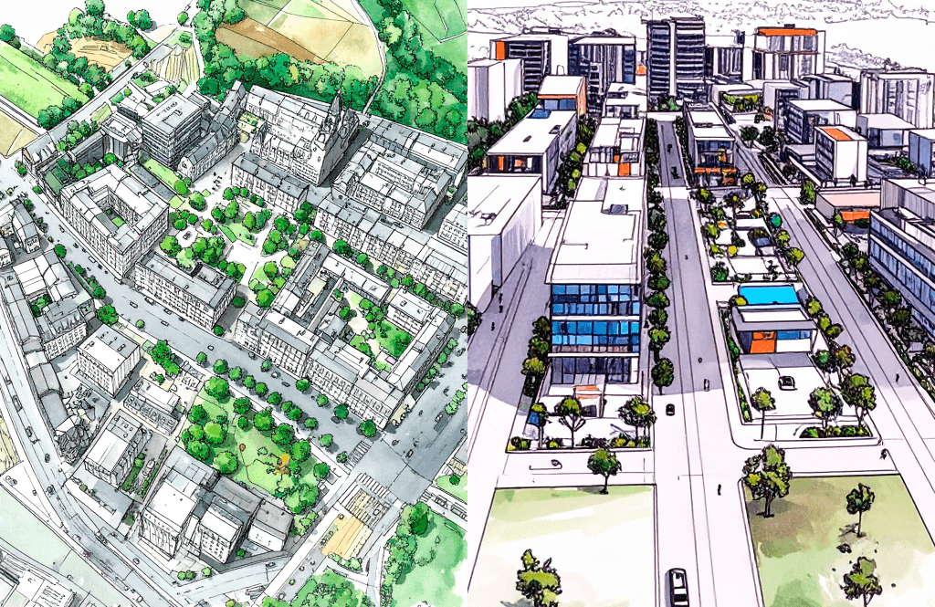 Comparación de plano figura-fondo mostrando espacio positivo en ciudad tradicional versus espacio perdido en urbanismo moderno según Roger Trancik.