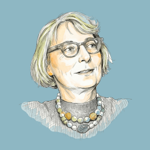 Retrato en primer plano de Jane Jacobs con sus características gafas de montura gruesa y cabello canoso, mirando con determinación y una sonrisa leve