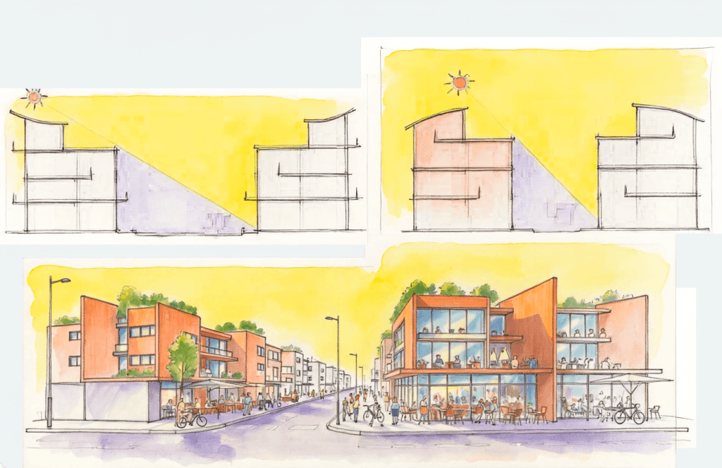 Gráfico de proporciones de recinto urbano mostrando la relación altura-ancho ideal para el confort peatonal según Jan Gehl.