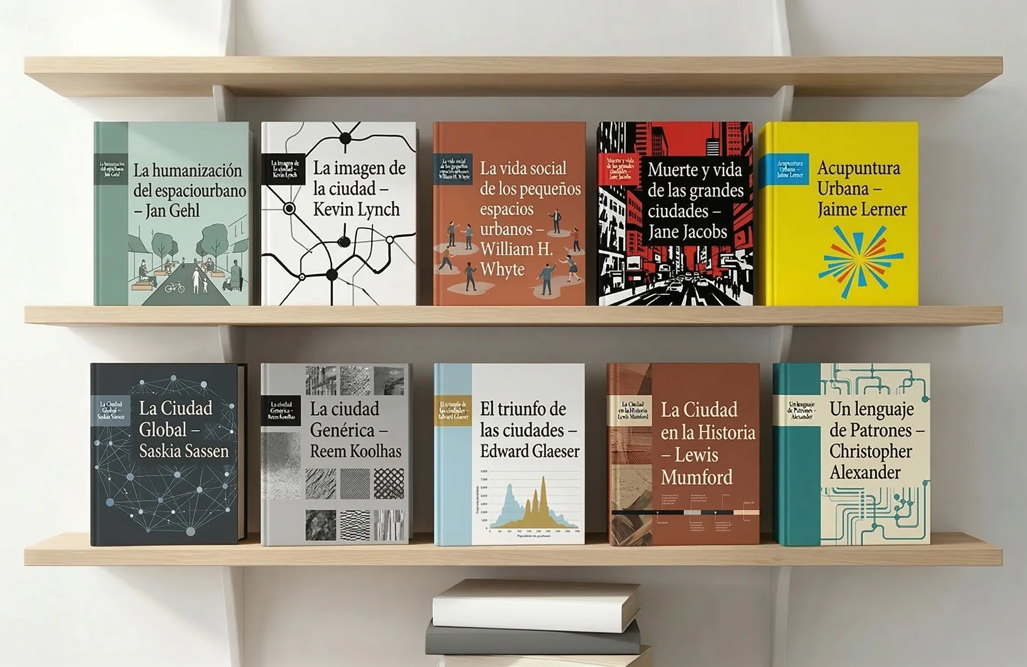 "Fotografía de una colección de diez libros esenciales sobre diseño urbano y sociología, incluyendo obras de teóricos como Jane Jacobs, Jan Gehl y Saskia Sassen, dispuestos de forma estética para ilustrar los axiomas del artículo."