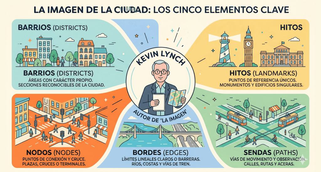 Infografia de Kevin Lynch con los cinco elementos clave que conforman el "mapa mental" de los habitantes de una ciudad