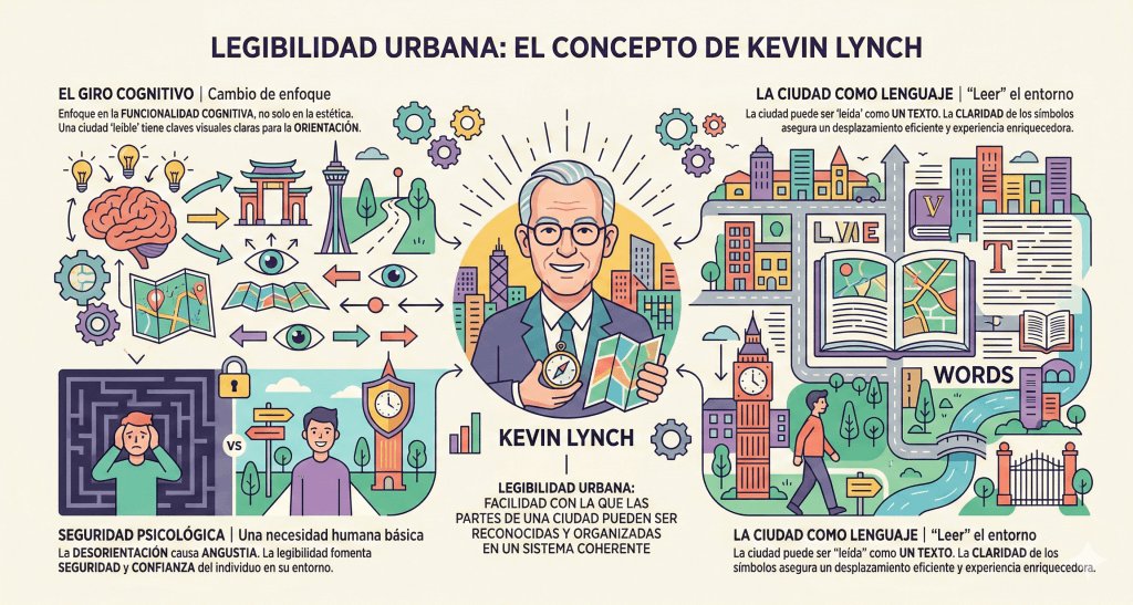 Infografia de legibilidad urbana entendida como la facilidad con la que las partes de una ciudad pueden ser reconocidas y organizadas en un sistema.